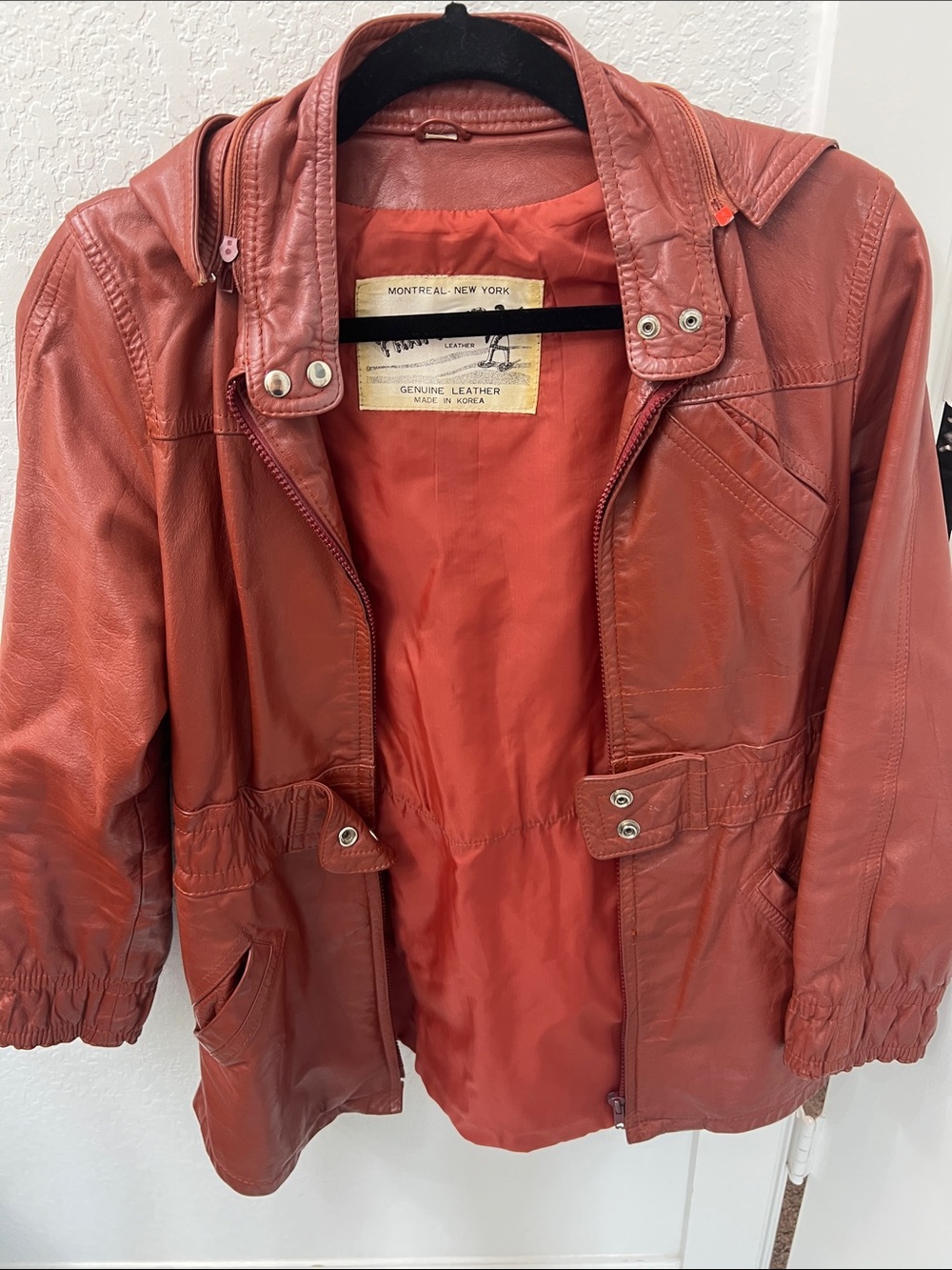 Women's Vintage Burnt Orange Genuine Leather Jacket with Removable Hood